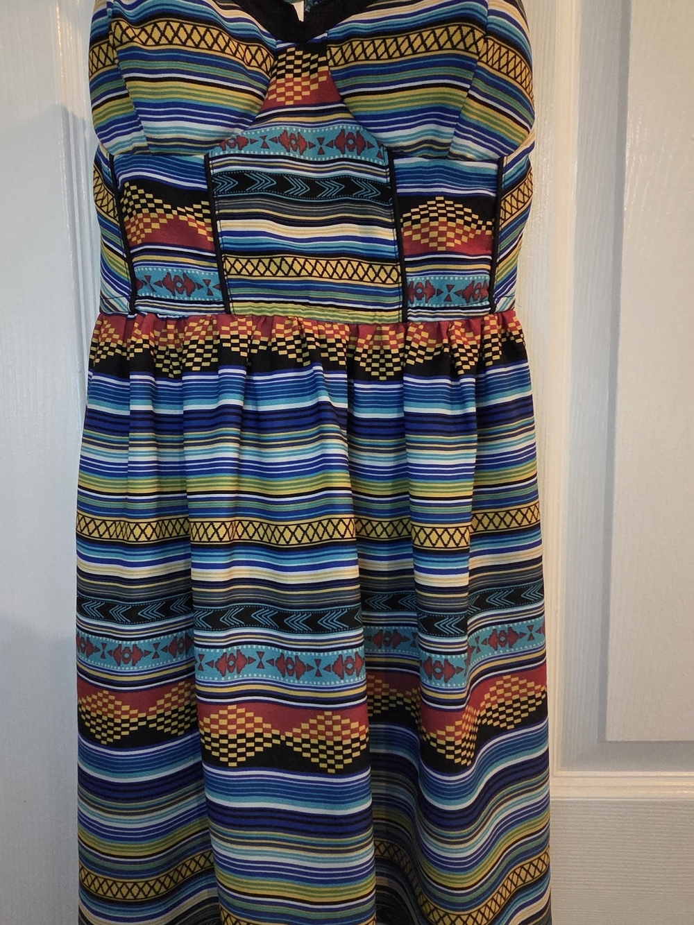Xhilaration Multi-Color Striped Aztec Mini Dress (Blue, Yellow, Red)